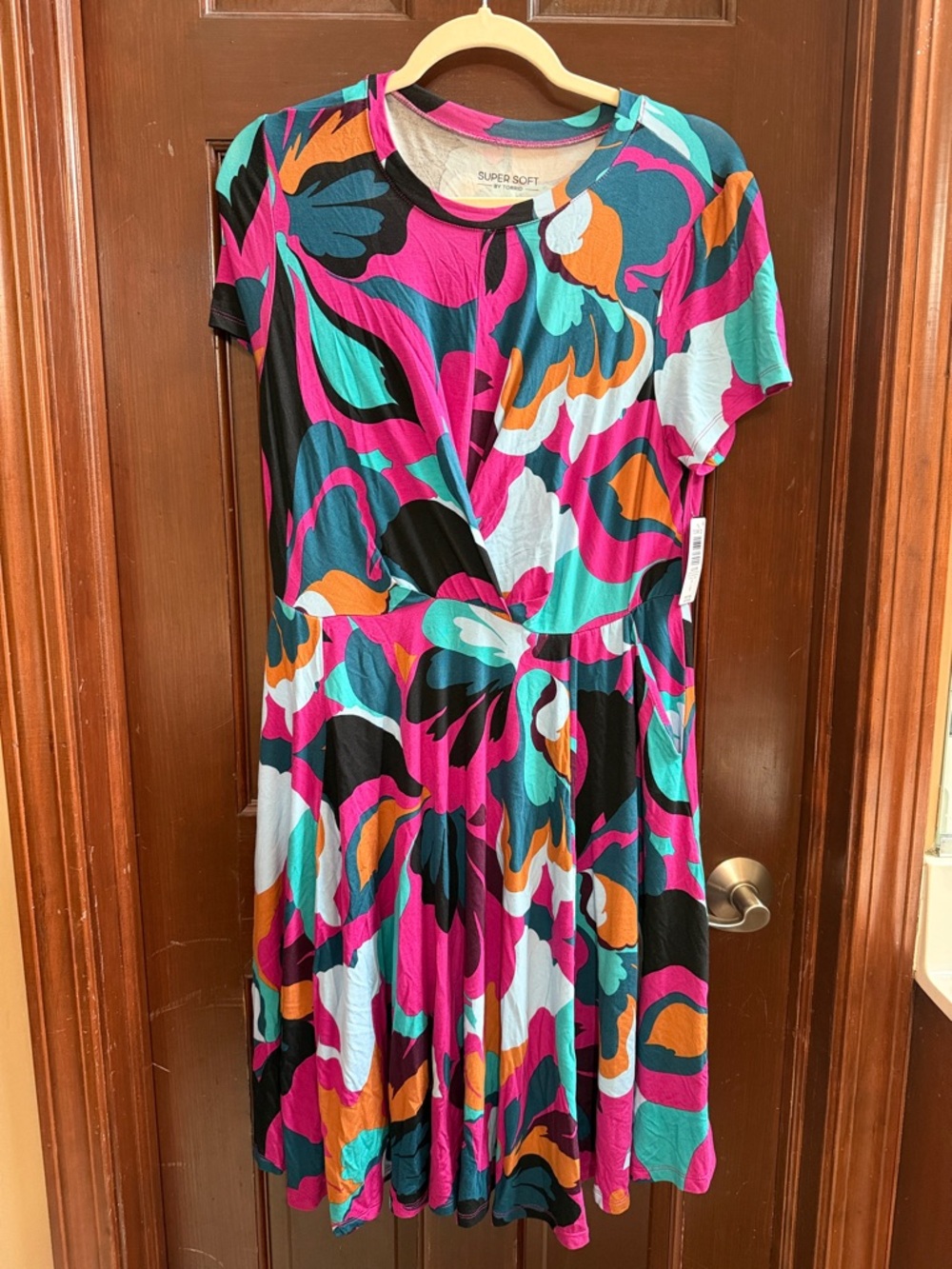 torrid super soft  Multi-Color Abstract Midi Dress in Pink, Teal, Black & Orange